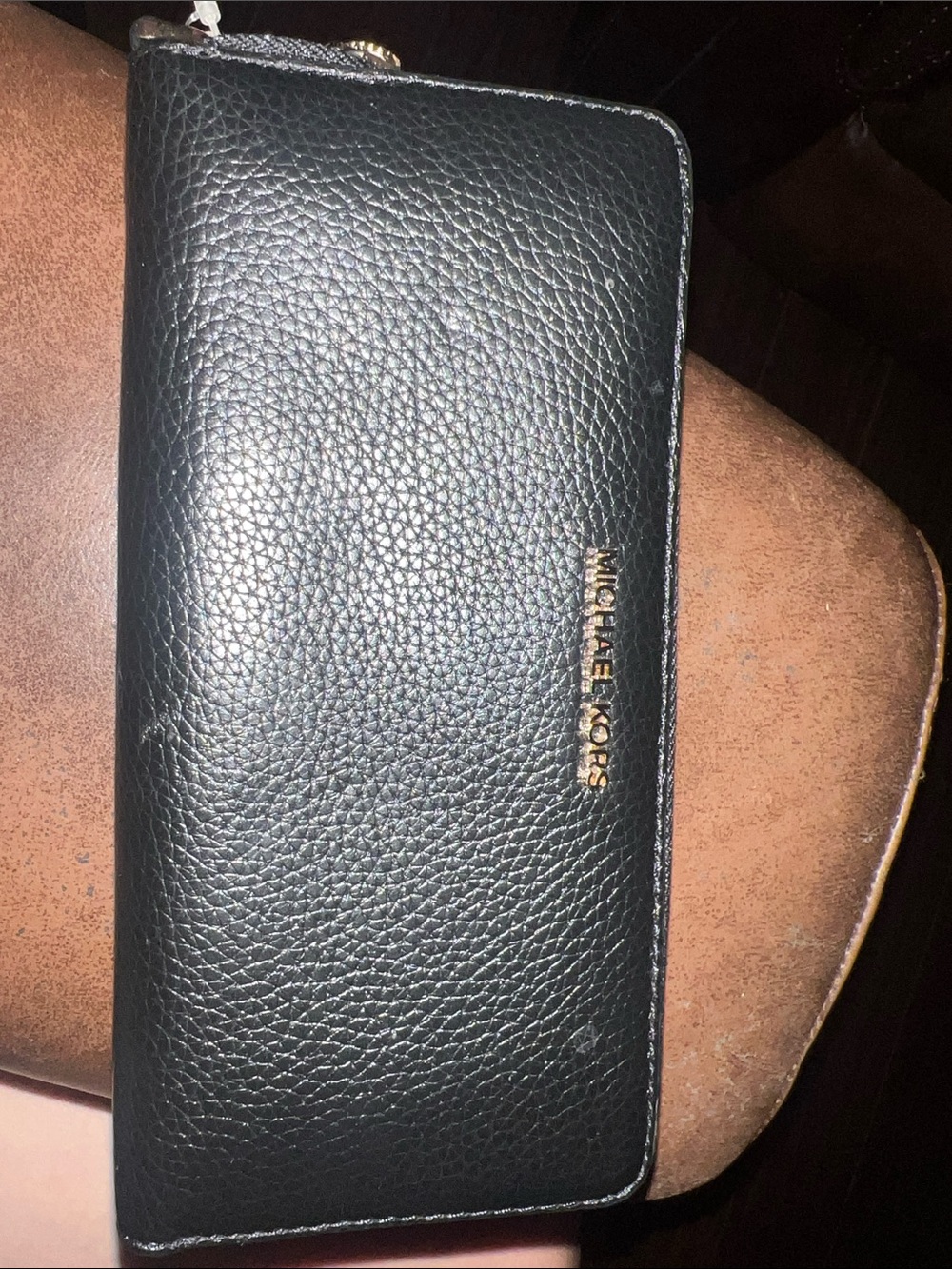 Michael Kors Black Pebbled Leather Zip Card Holder with Gold Logo